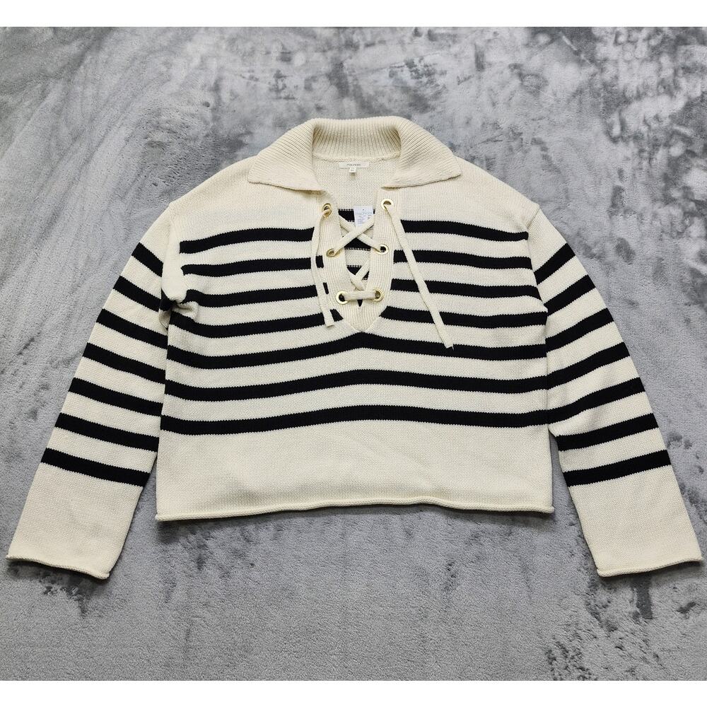 NEW Maurices Sweater Womens M Cream Black Striped‎ Lace Up Collared Pullover